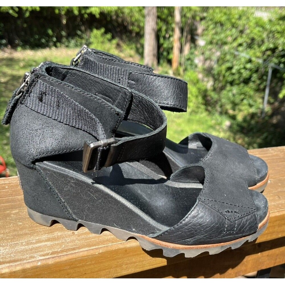 Sorel Joanie II Wedge Sandals Womens 6.5 Black Leather Chunky Ankle Strap - Picture 5 of 8